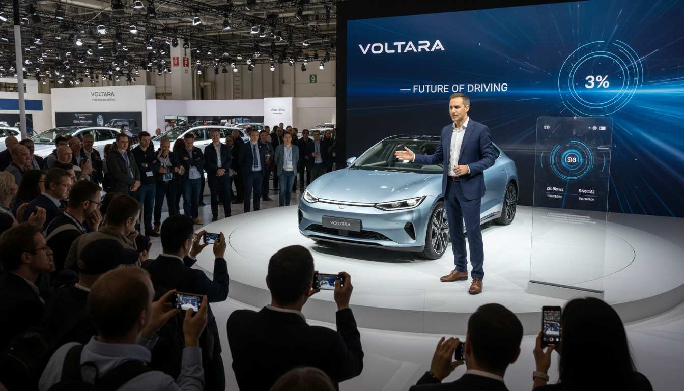A trained walkaround presenter demonstrates EV features to an engaged auto show audience