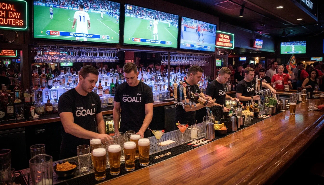 Bartenders preparing for high-volume service at a sports bar during a FIFA World Cup match