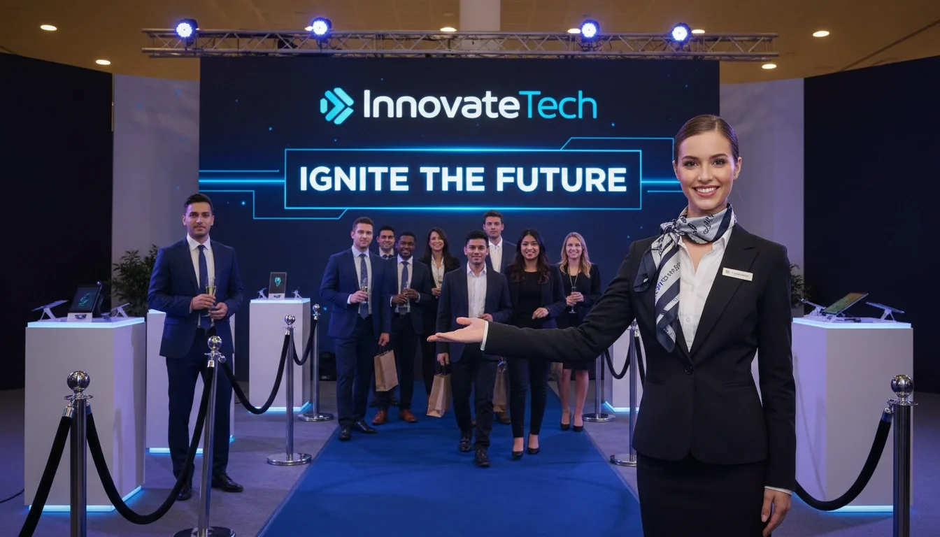 Smiling female brand ambassador in branded uniform greeting guests at a product launch event