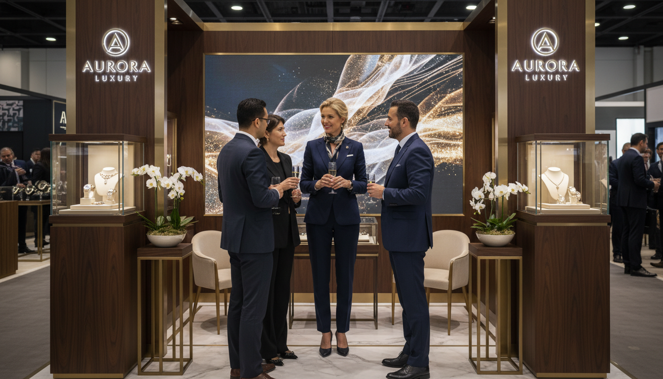 Brand ambassador at a luxury trade show booth engaging with attendees