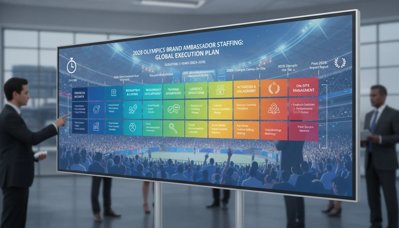 brand ambassador staffing timeline LA 2028 Olympics booking schedule