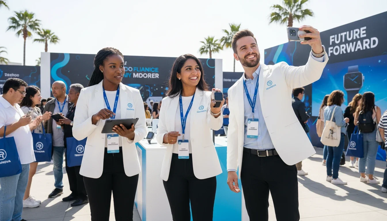 Different types of event staff roles at a product activation — brand ambassadors, demo staff, and greeters