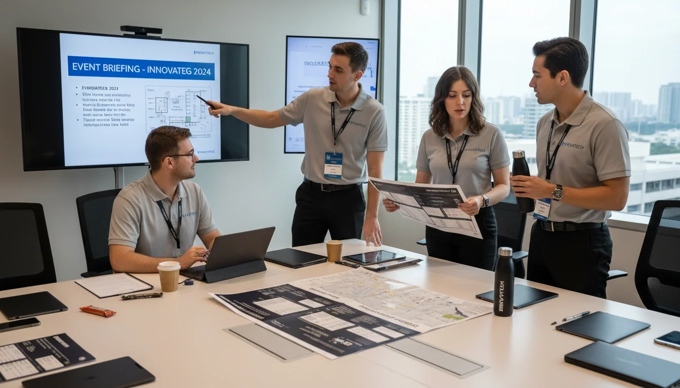 Brand ambassador team reviewing event briefing materials prior to a technology conference activation
