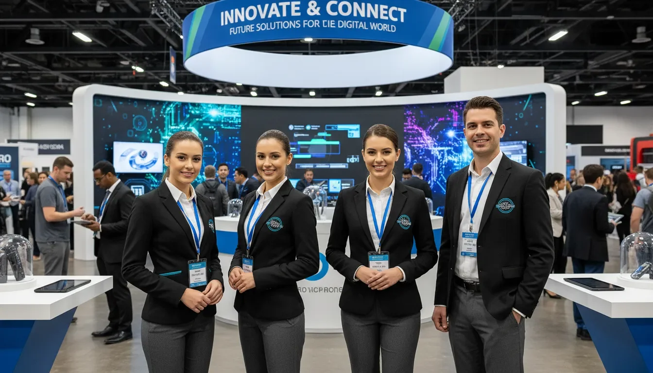 Event staff in coordinated branded uniforms at a convention booth