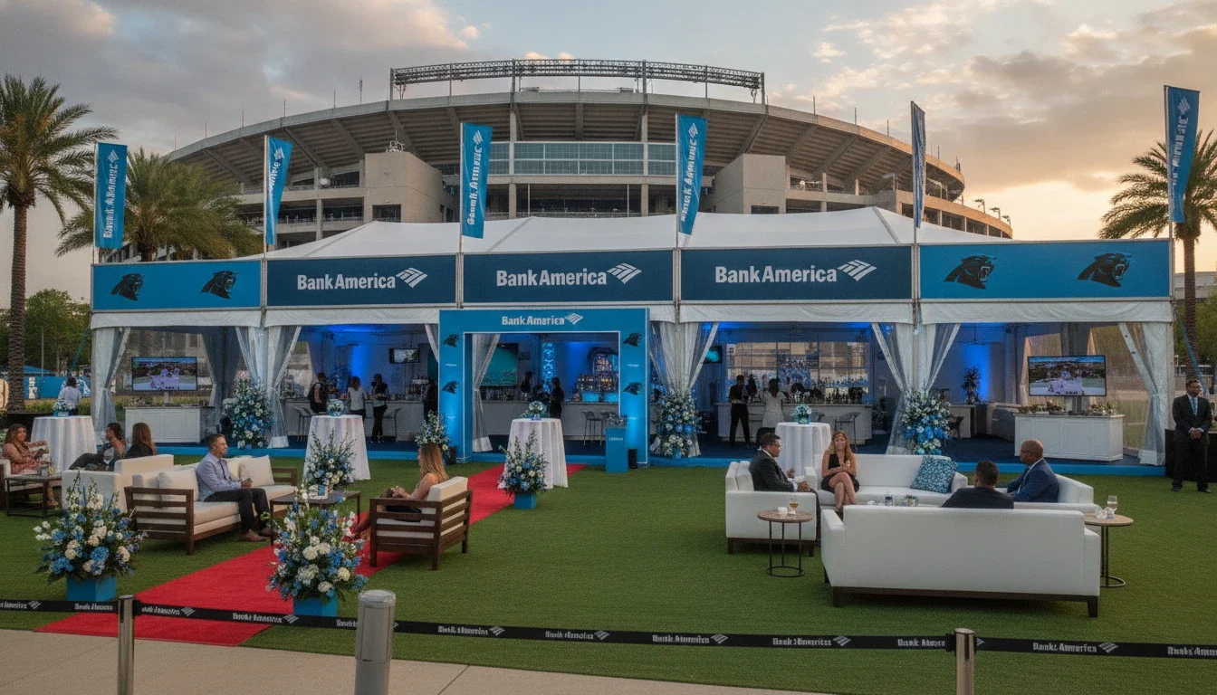 Premium hospitality tent setup outside Bank of America Stadium with branded décor and guest seating