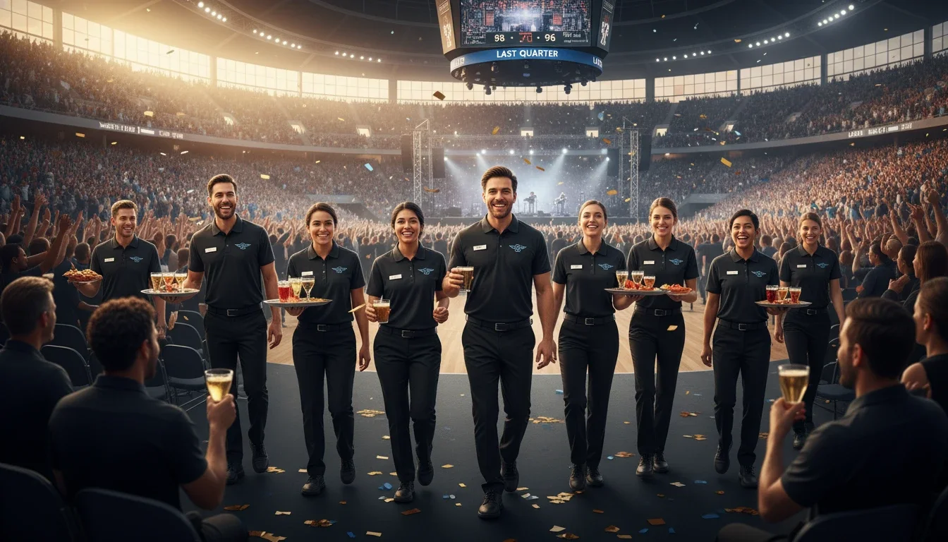 Professional hospitality staff members smiling during a high-energy event shift at a major sporting venue