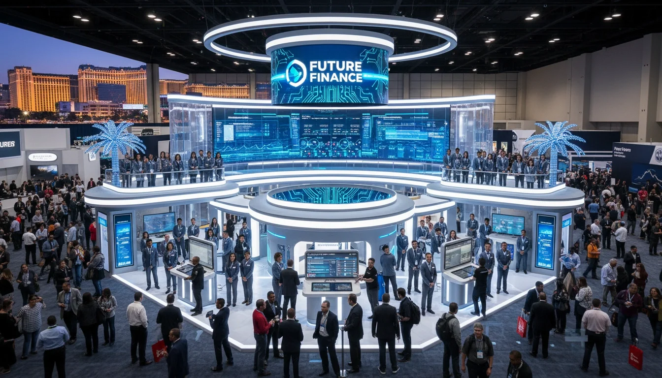 Large fintech island booth staffed by brand ambassadors and product demo specialists at Las Vegas convention