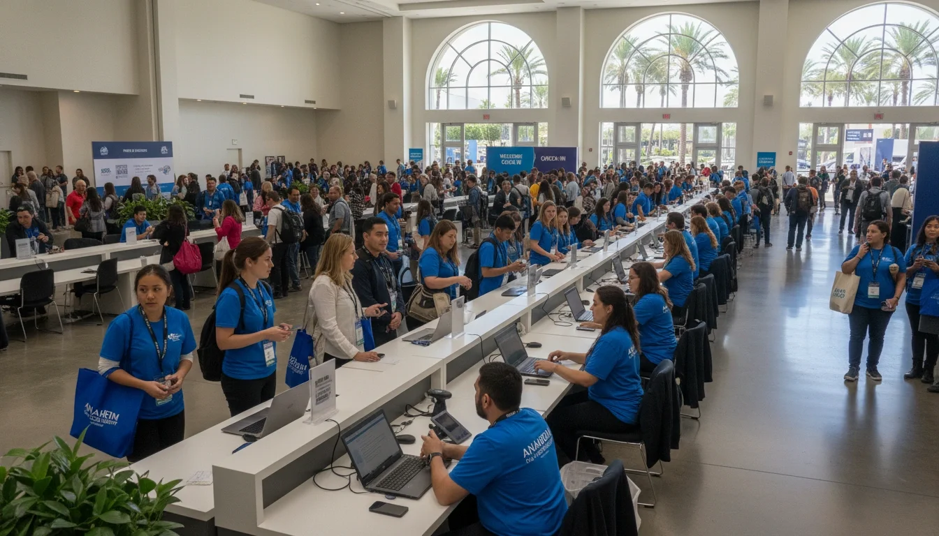 Event registration staff scanning badges at an Anaheim conference check-in desk