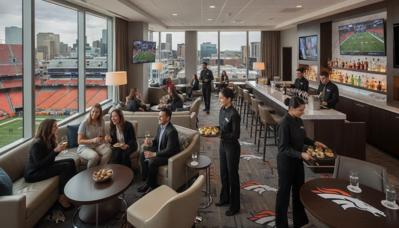 Corporate hospitality suite interior at Empower Field with event staff serving guests