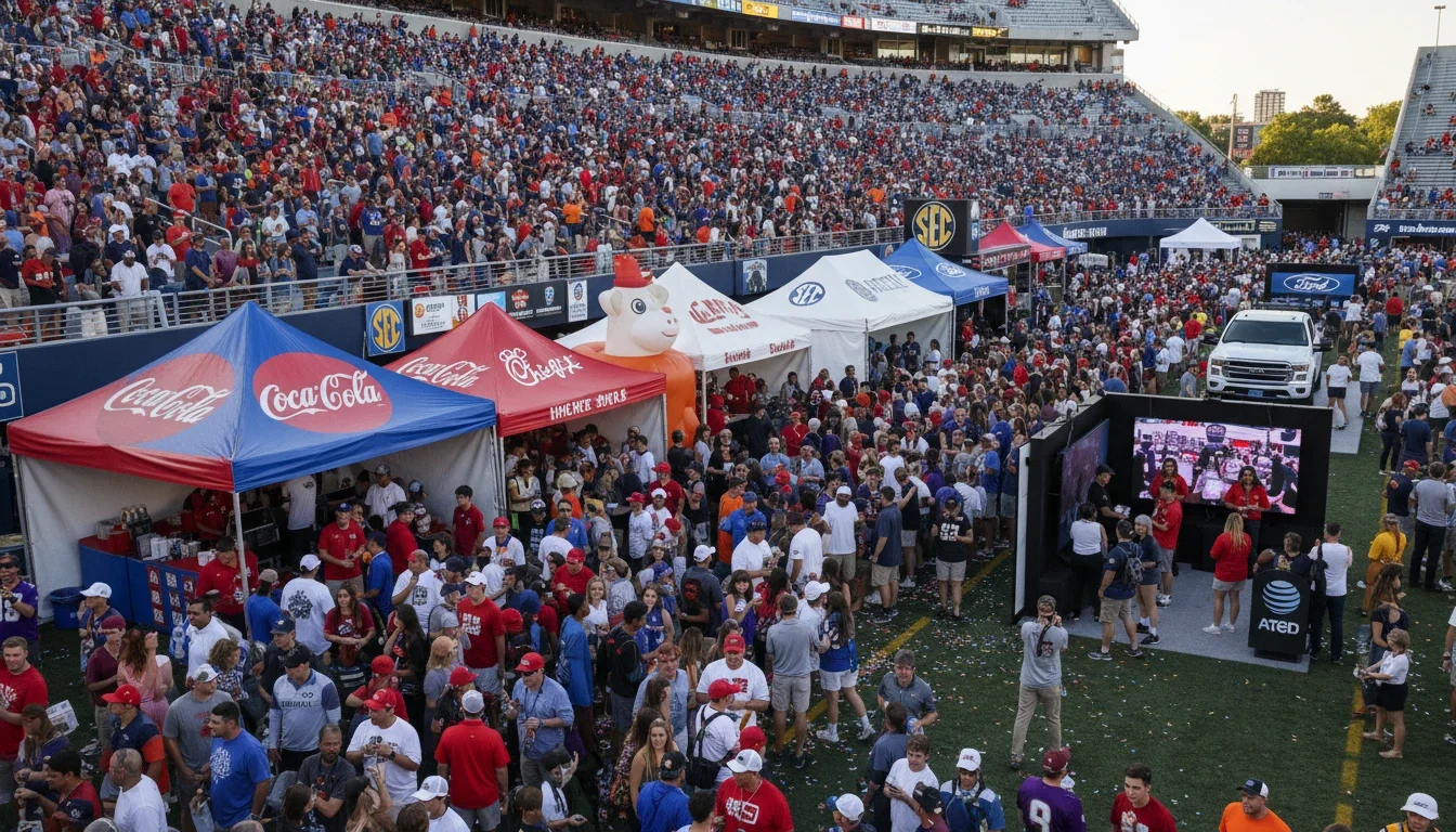 Packed SEC football stadium with sponsor activation tents and brand ambassadors visible on the concourse