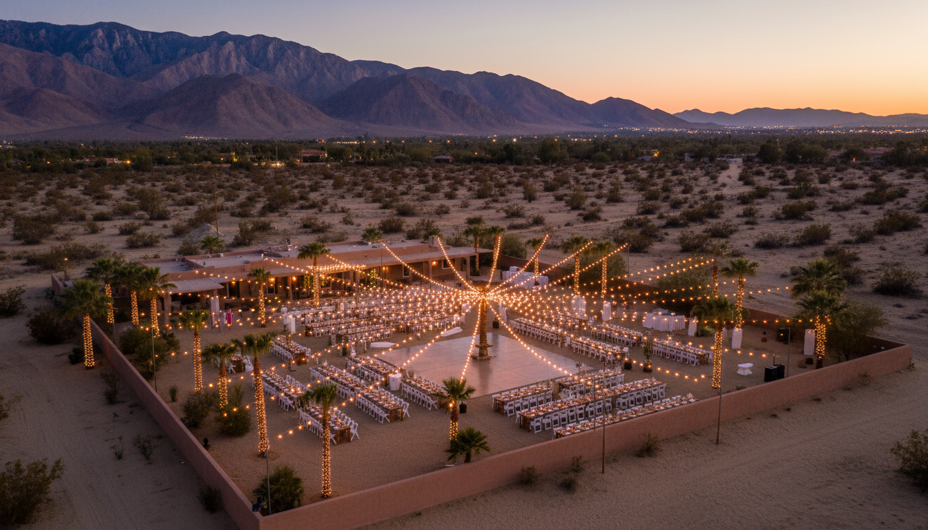 Aerial view of a desert estate event venue in Indio California with string lights and mountain views