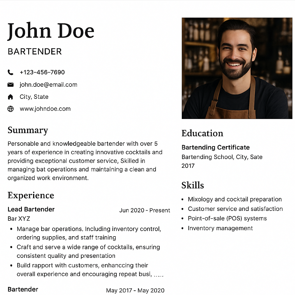 Free Bartender Resume Template