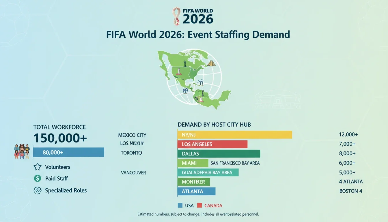 FIFA World Cup 2026 event staffing demand infographic showing workforce numbers across host cities