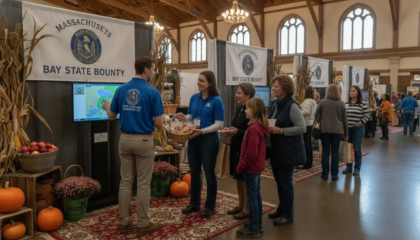 Brand ambassadors engaging fairgoers inside a state building exhibit hall at an Eastern States Exposition event