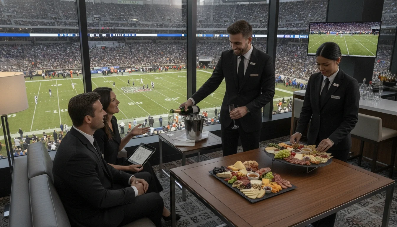 A suite attendant providing premium hospitality service to guests in a luxury stadium suite overlooking the field at an NFL stadium