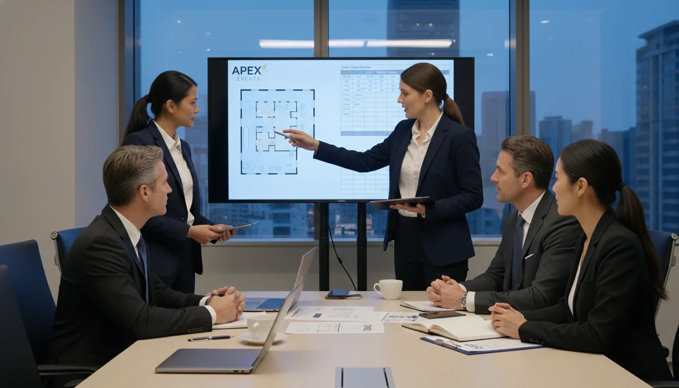 Event staffing agency account manager reviewing event plan with client