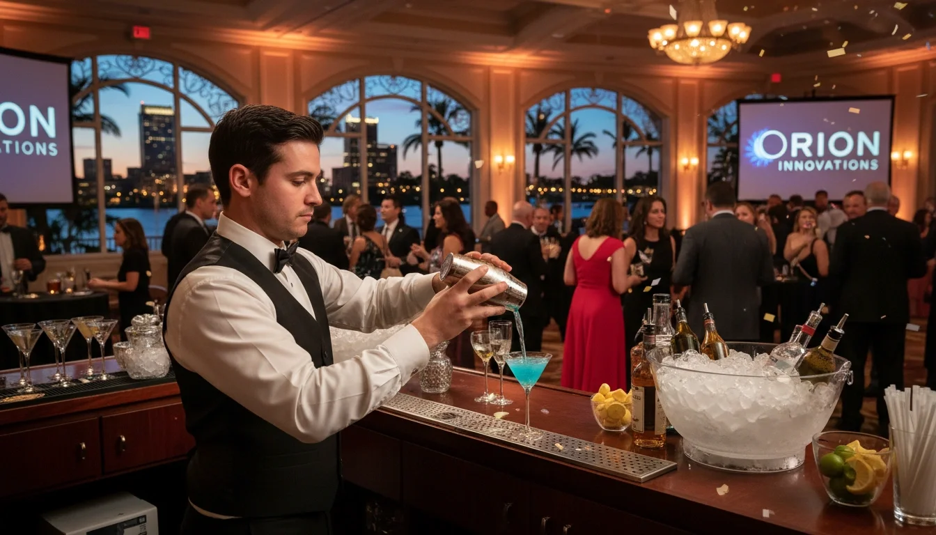 Professional bartender serving drinks at a corporate gala in Tampa, Florida