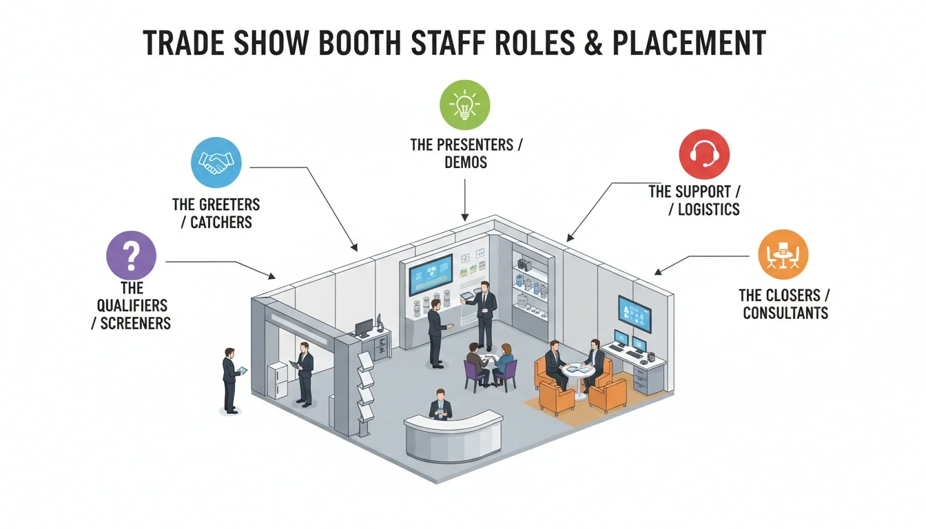 A diagram or visual showing the five core trade show booth staff roles and their placement