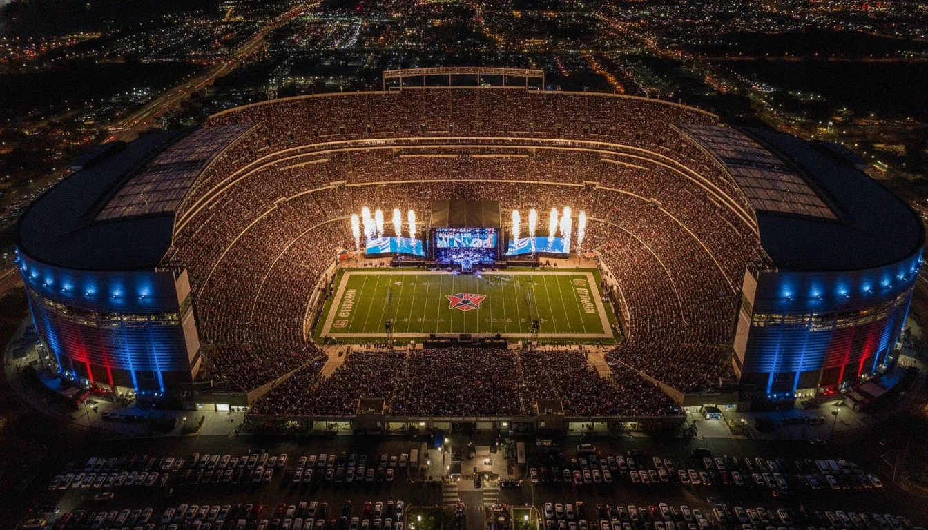Aerial view of State Farm Stadium in Glendale, Arizona on a packed event night