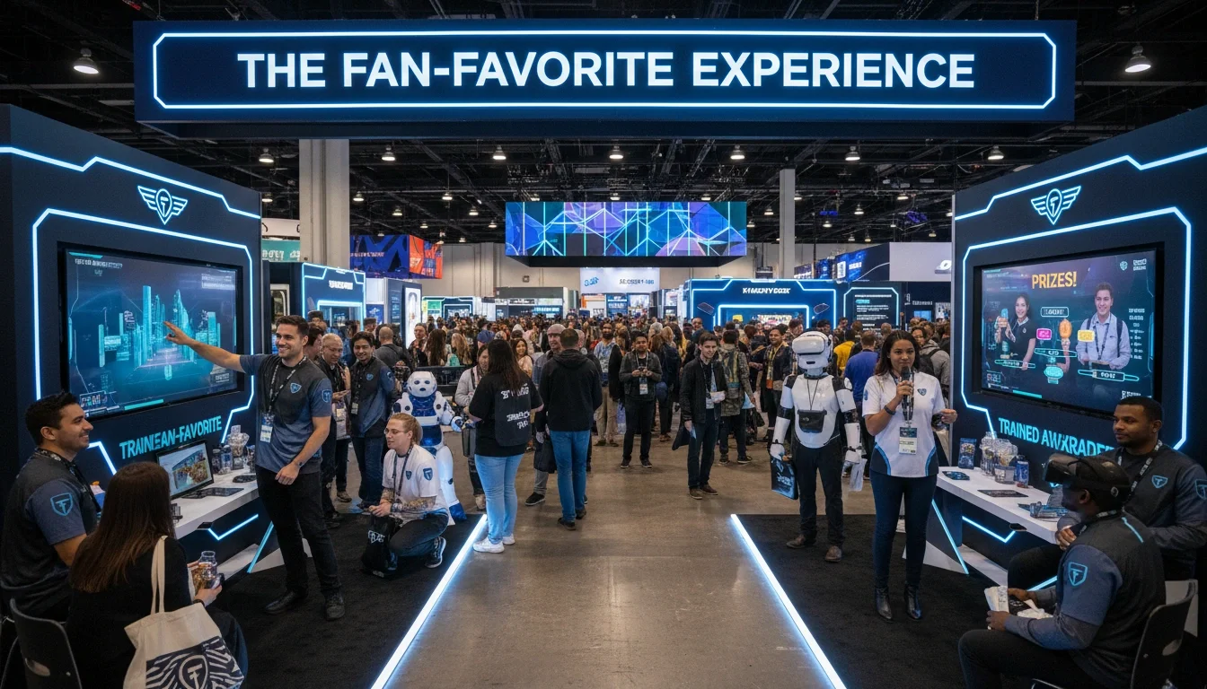 Professional event staff at a convention booth engaging attendees