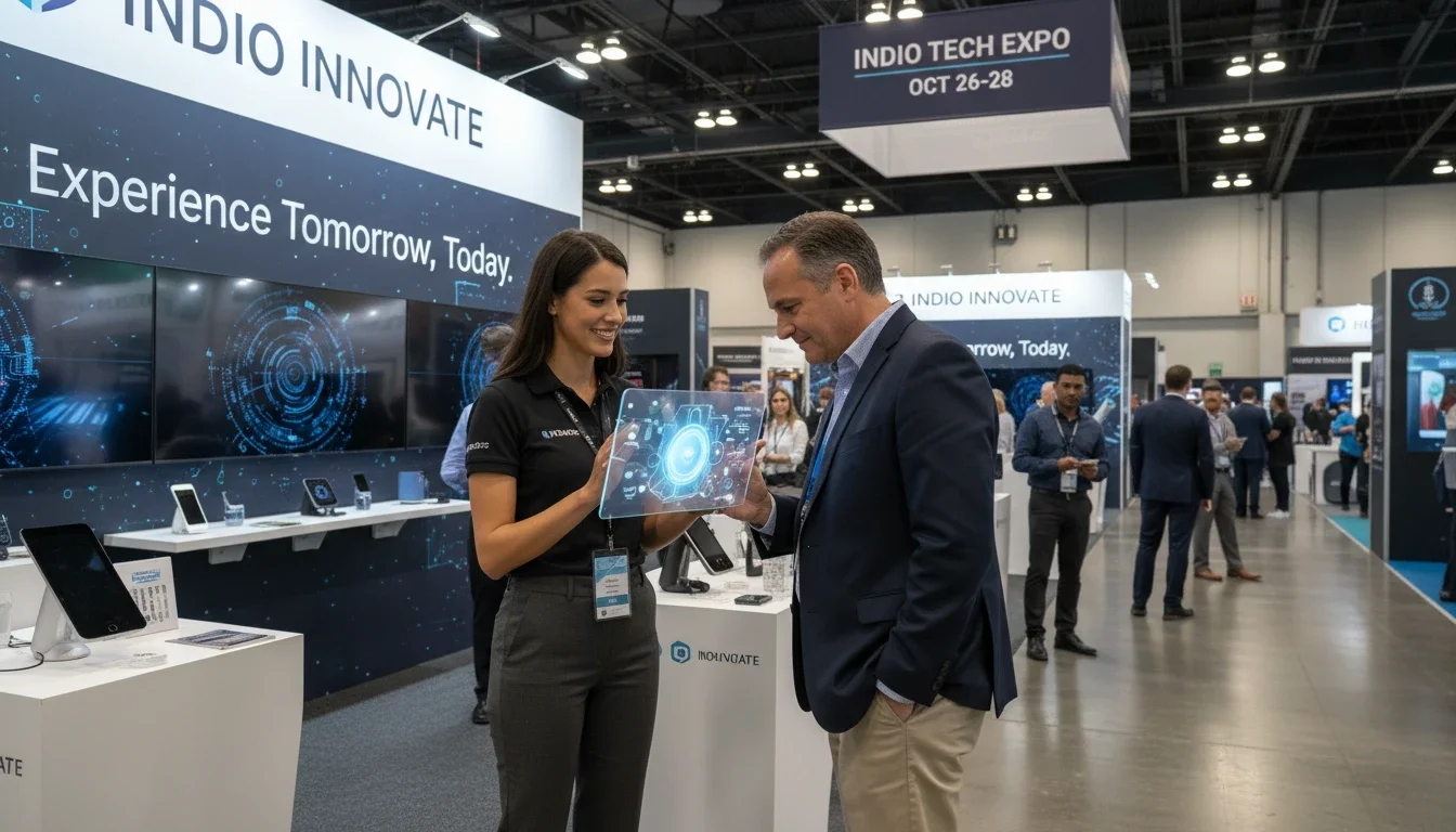 Brand ambassador engaging a trade show attendee with a product demonstration at an Indio expo event