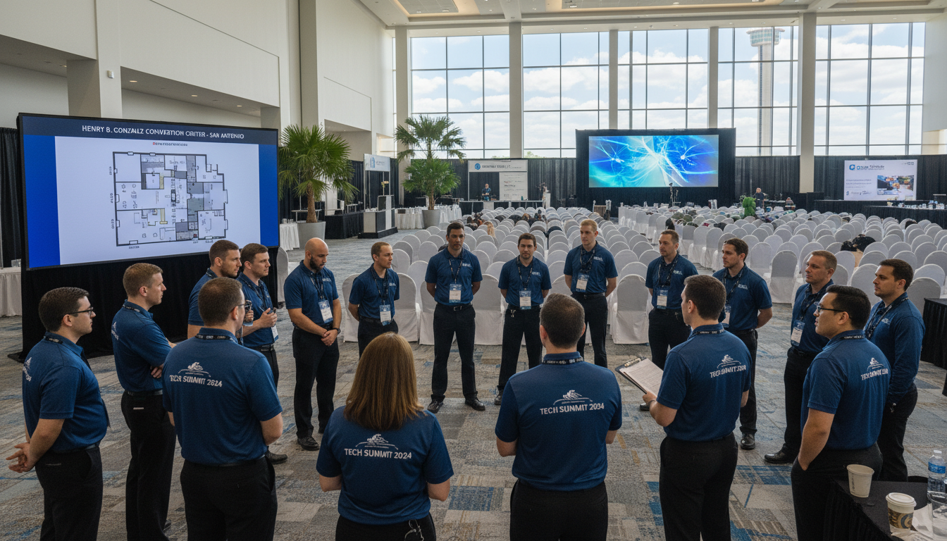 Event staff team briefing before a large corporate conference at a San Antonio convention venue