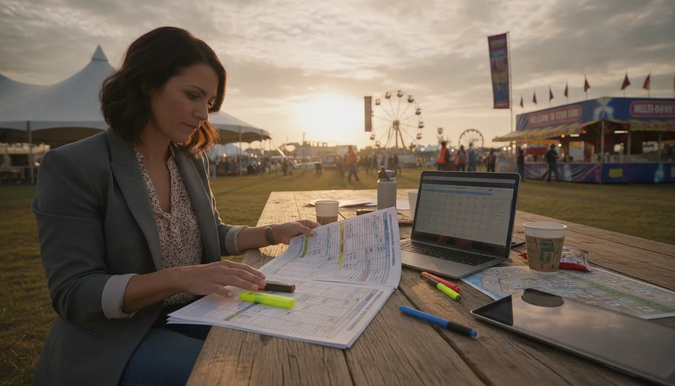 Event planner reviewing staff schedule for multi‑day state fair activation