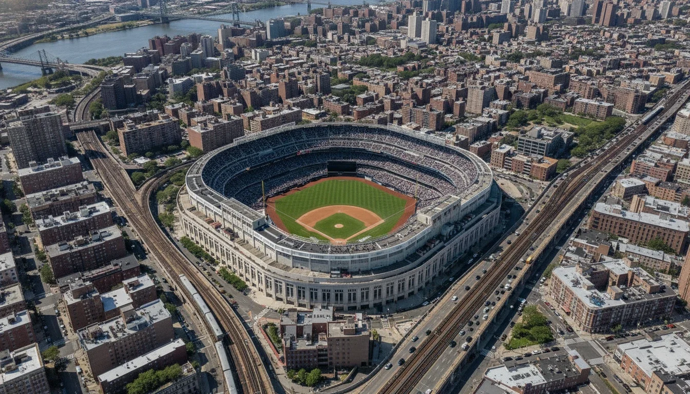 Aerial view of Yankee Stadium and the surrounding South Bronx neighborhood, New York City