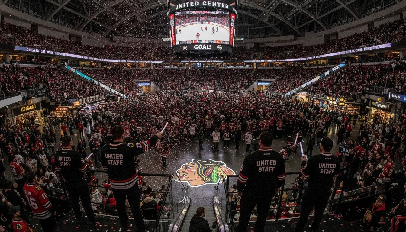 Event staff managing crowd flow at a Blackhawks game at the United Center