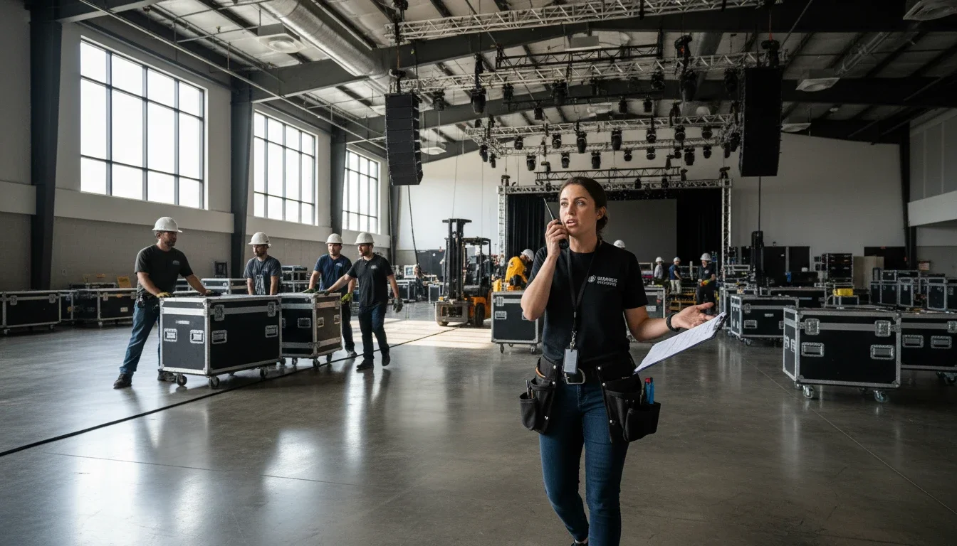 Event production assistant managing setup at a corporate event in Los Angeles