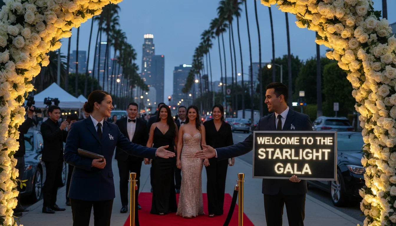 professional event staff welcoming guests at upscale Los Angeles event