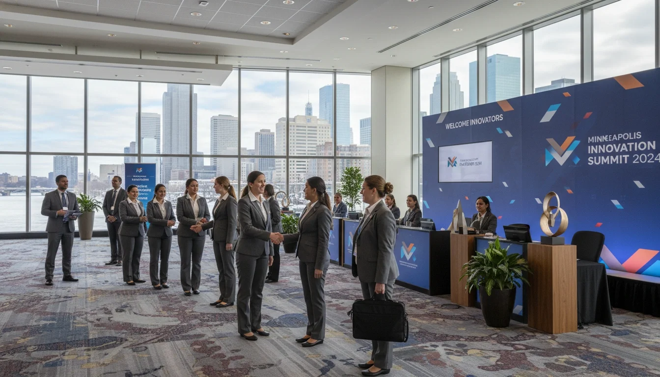 Professional event staff greeting guests at a Minneapolis corporate conference