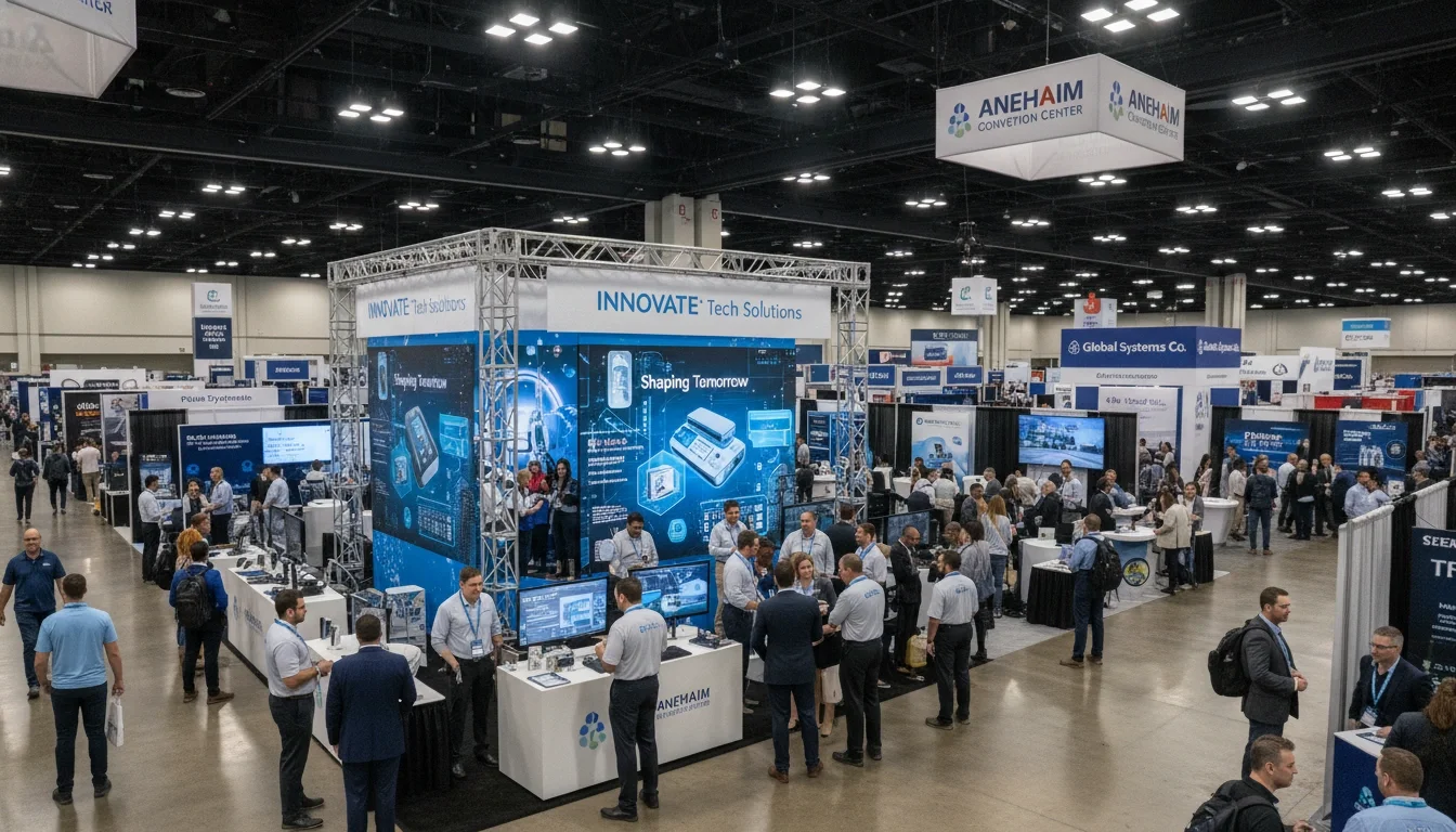 Busy trade show floor at the Anaheim Convention Center with exhibitor booths and attendees
