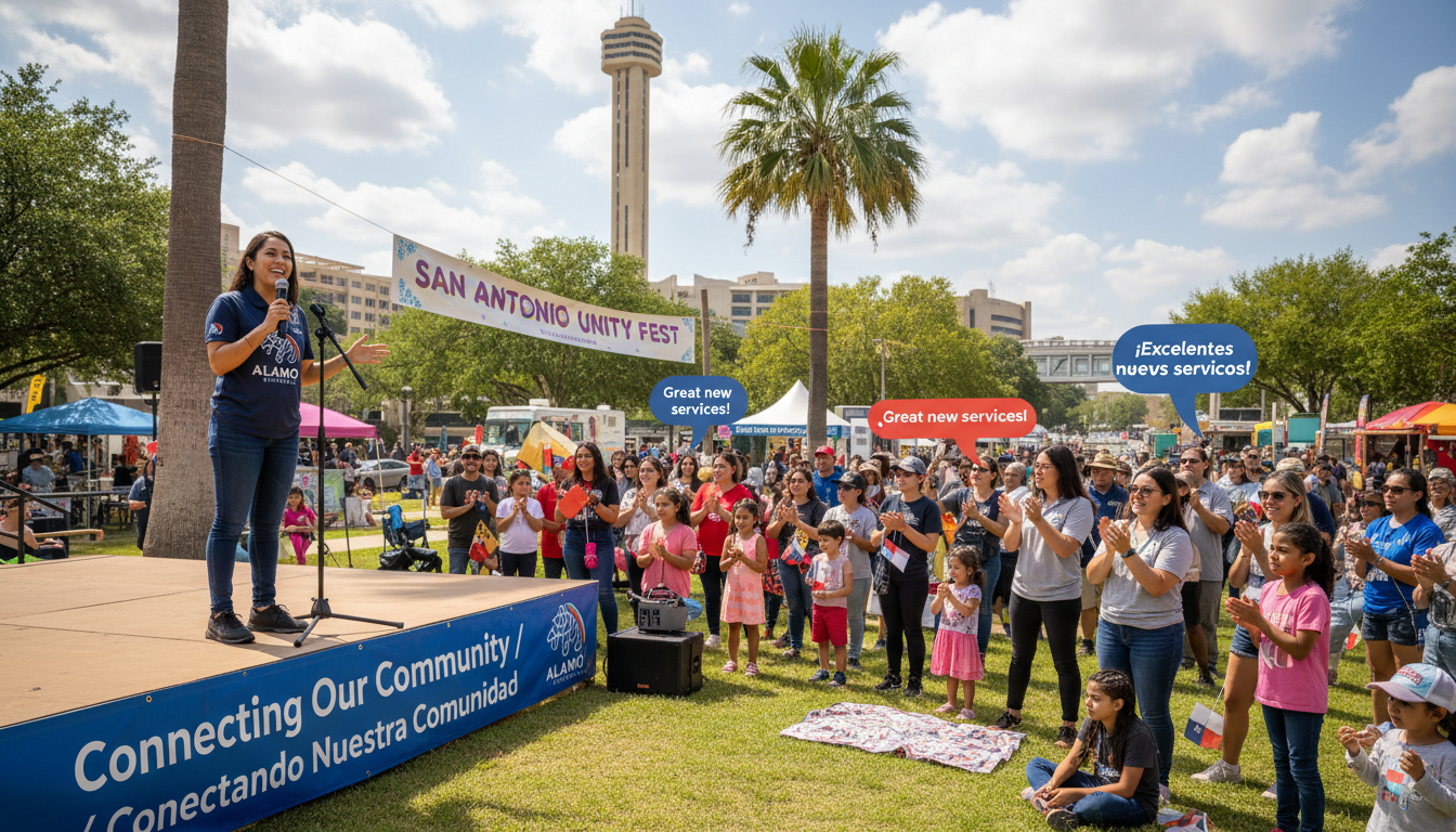 Brand ambassador engaging bilingual audience at a San Antonio outdoor community event