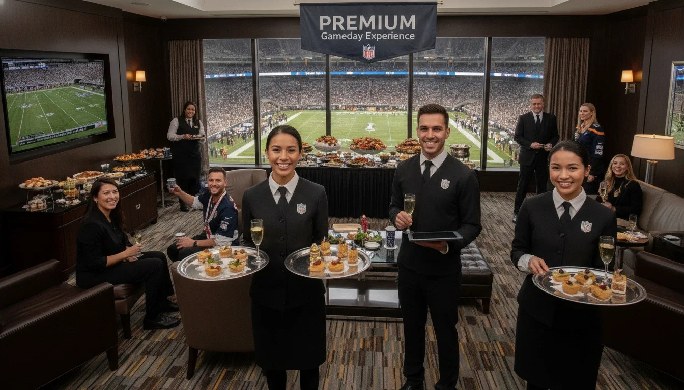 Professional hospitality staff at a premium NFL gameday suite service event 
