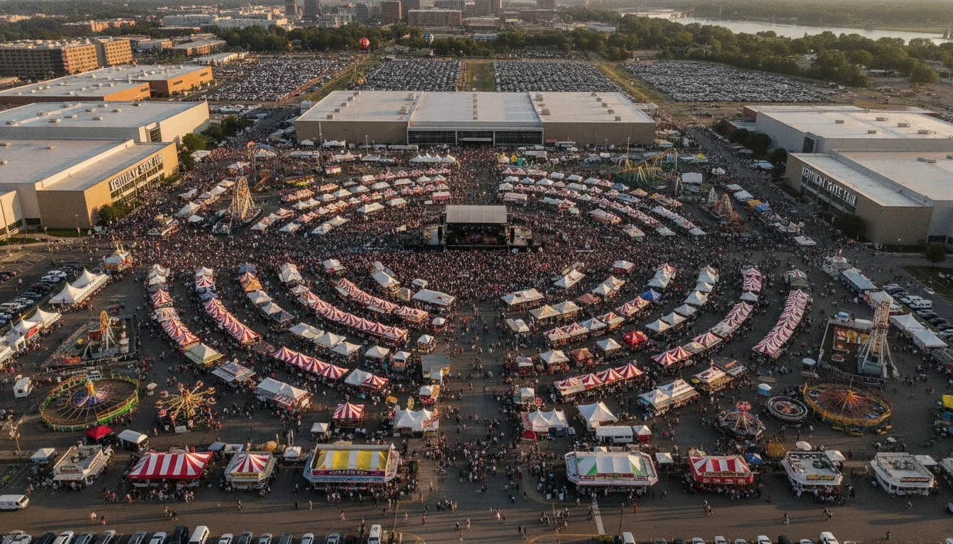 : Aerial view of the Kentucky State Fair grounds at the Kentucky Exposition Center in Louisville, with vendor booths and fair crowds