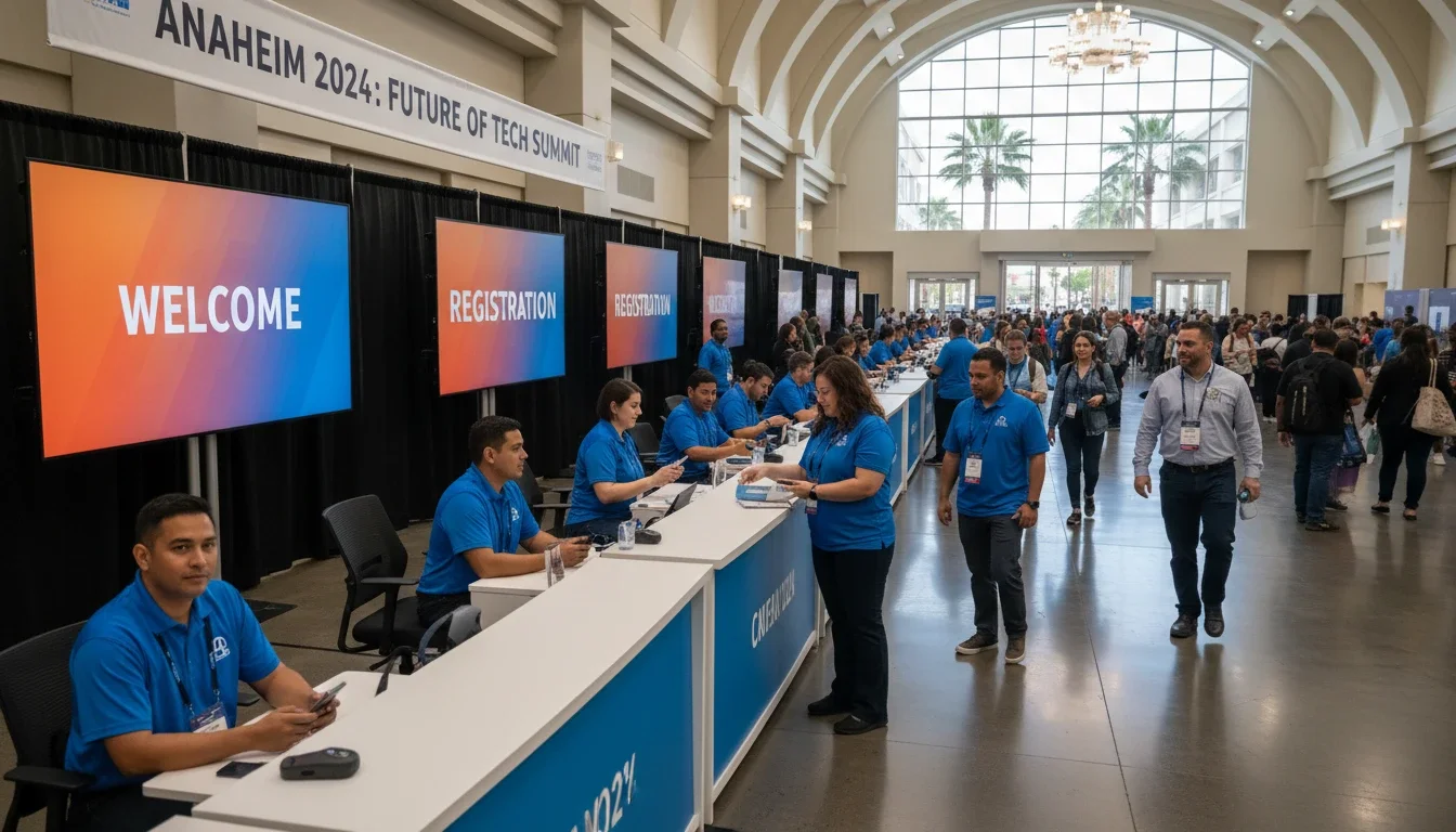 event staff managing check-in at Anaheim Convention Center trade show