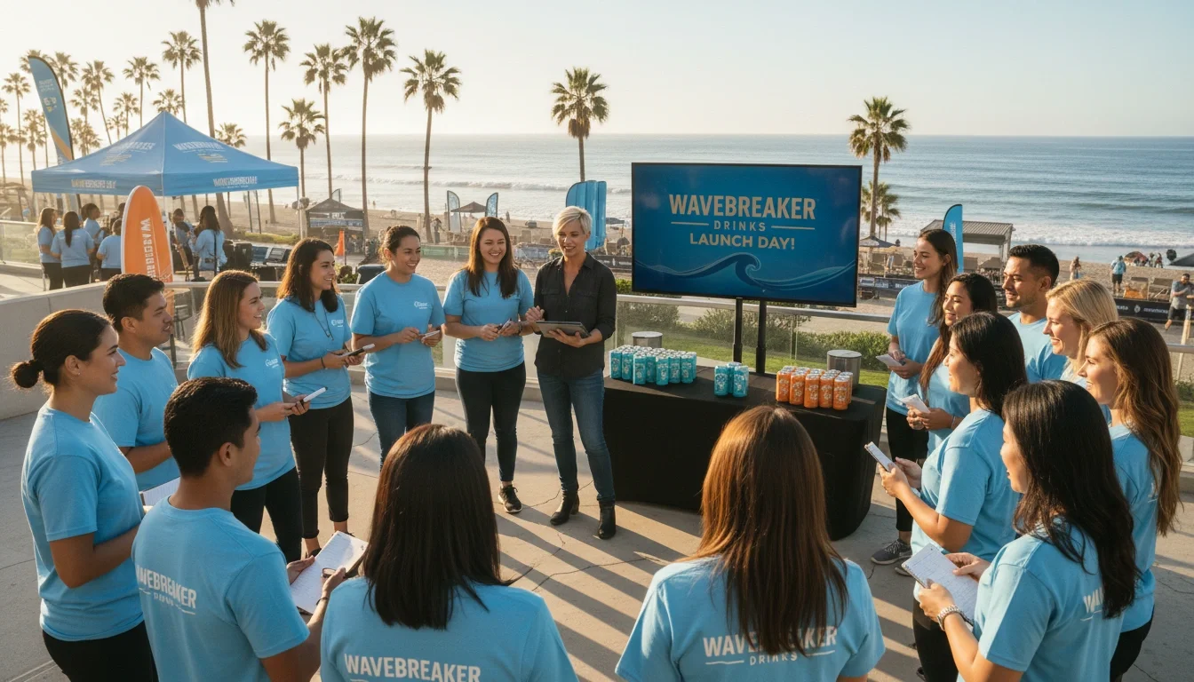 Brand ambassadors in briefing session being prepared for product launch event in Anaheim