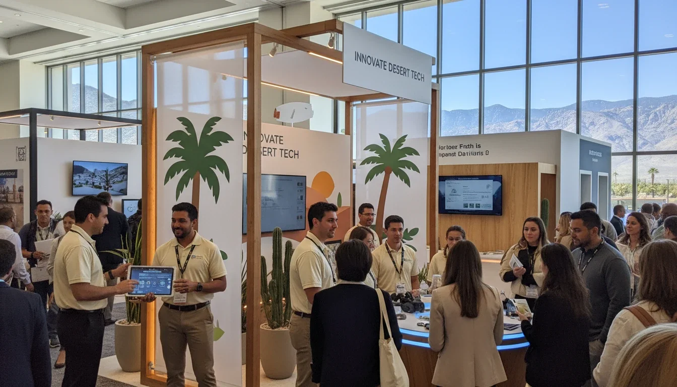 Professional trade show staff engaging attendees at a well-staffed exhibit booth in the Coachella Valley