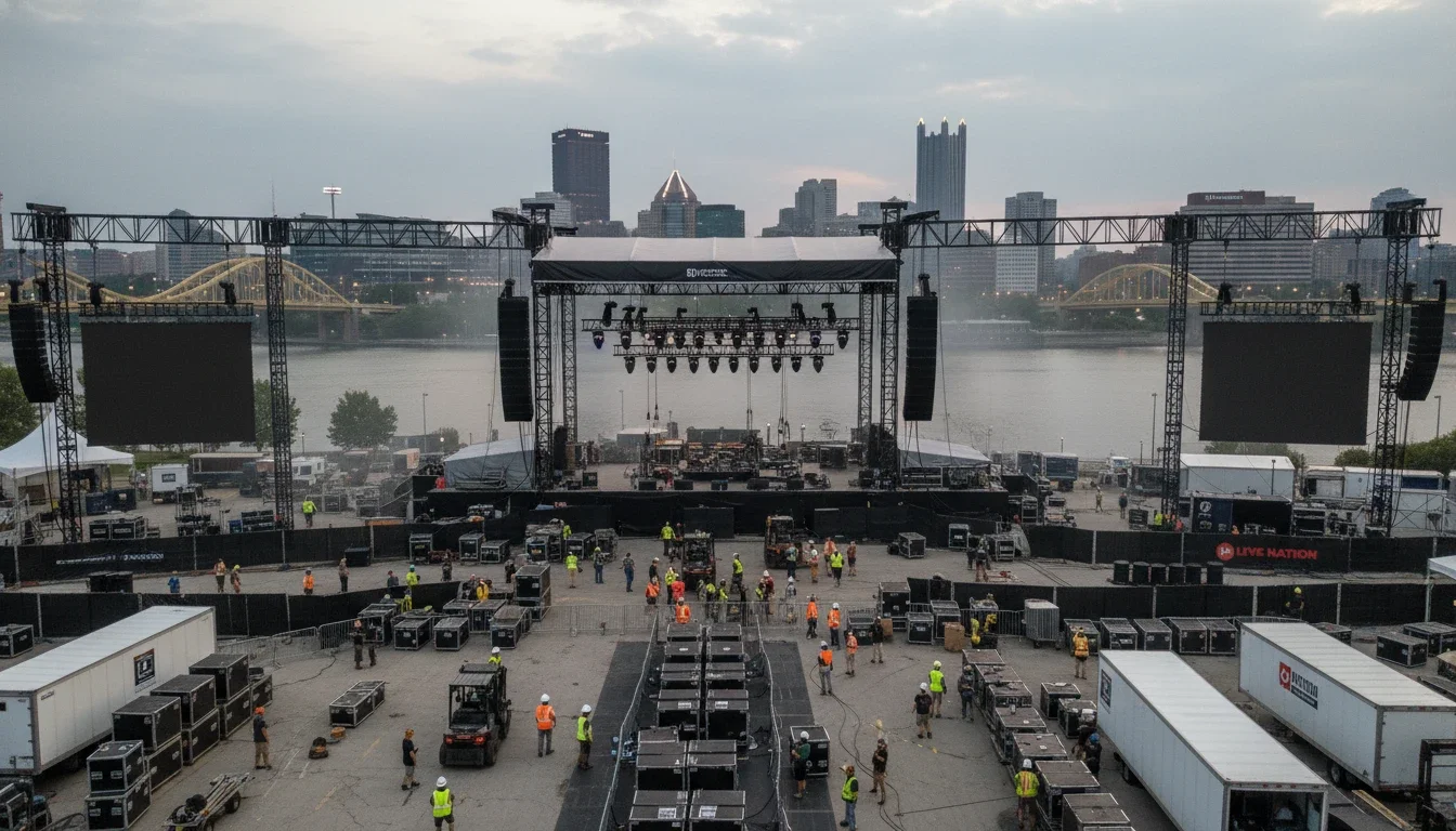 Production crew setting up for a large-scale Pittsburgh event
