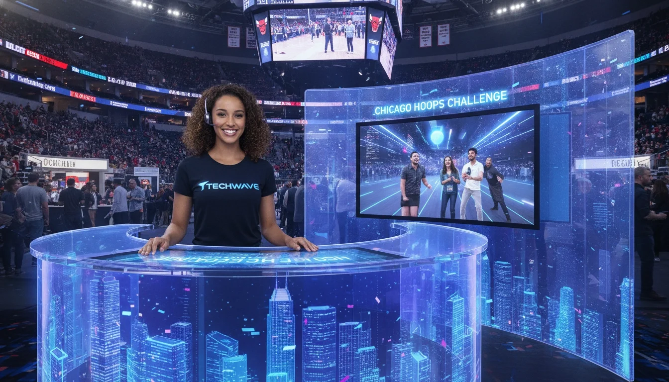 Brand ambassador staffing a digital interactive activation booth at a Chicago arena event