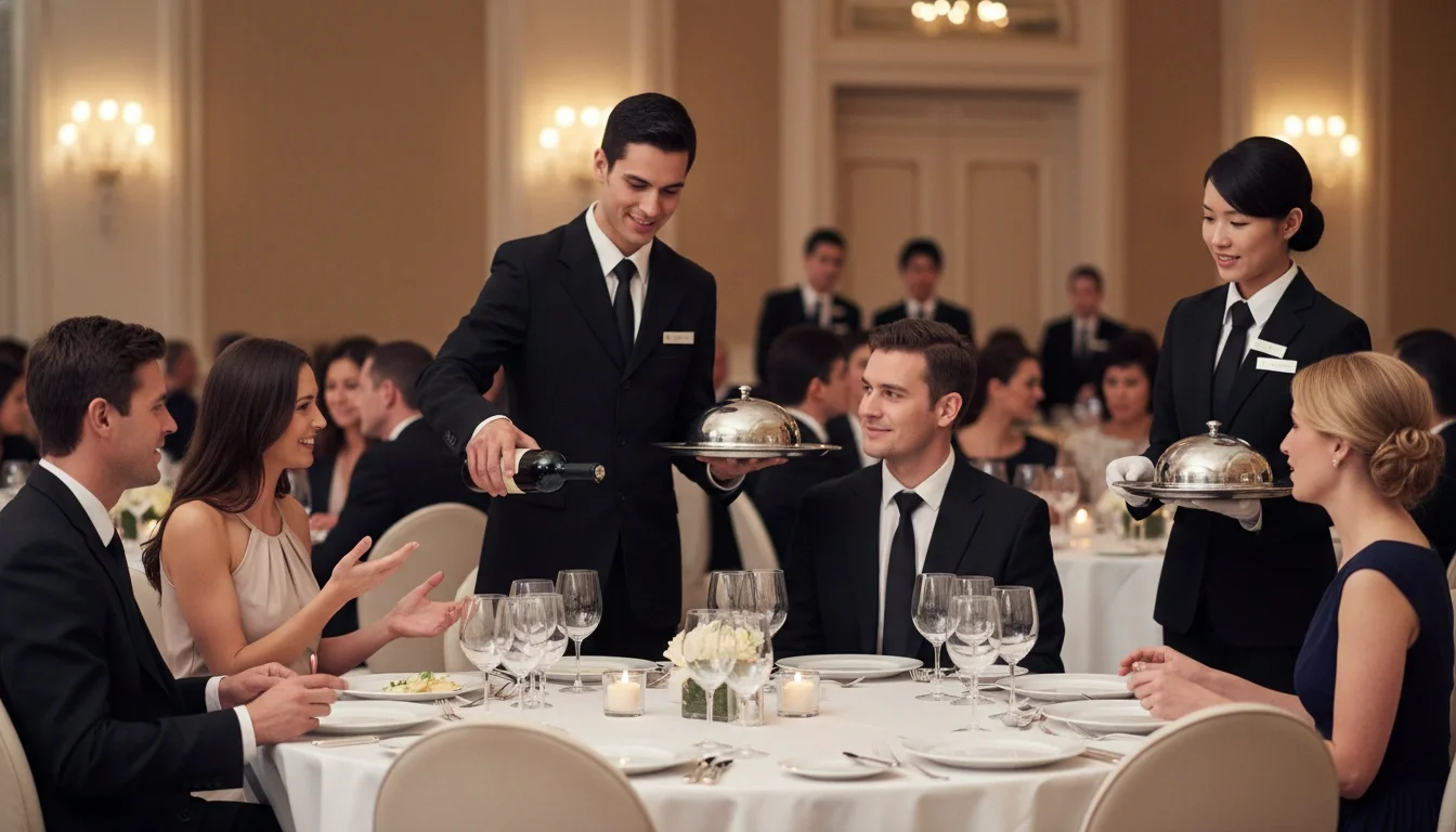 Professional event staff providing attentive service at an executive dinner event