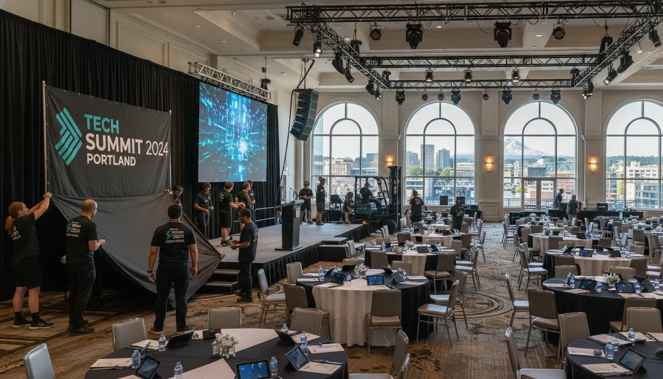 Event production assistants setting up a corporate event in Portland Oregon