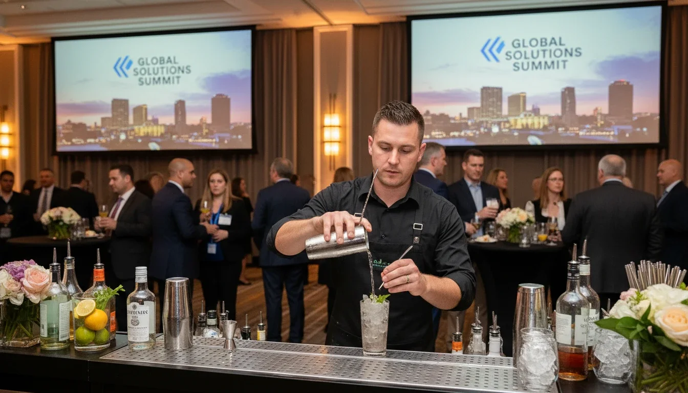 Professional bartender crafting cocktails at a San Antonio corporate event