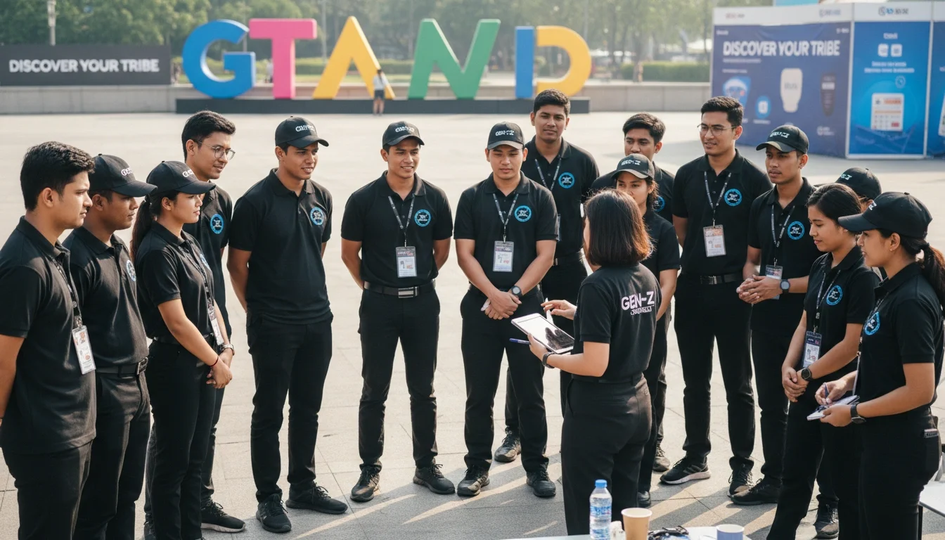 Promotional staff receiving a pre-event briefing before a brand activation