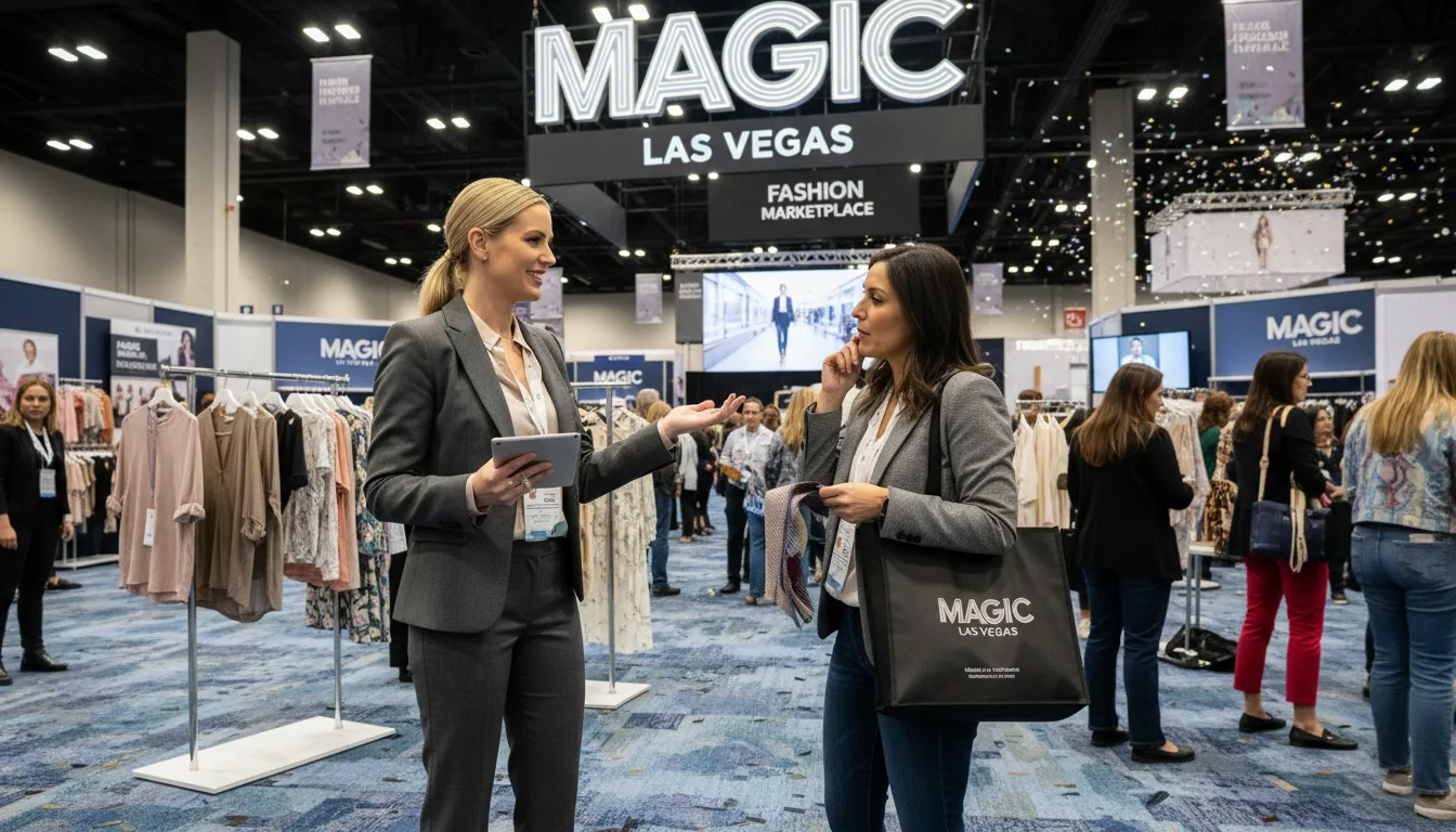 A polished brand ambassador engages a wholesale buyer on the show floor at MAGIC Las Vegas
