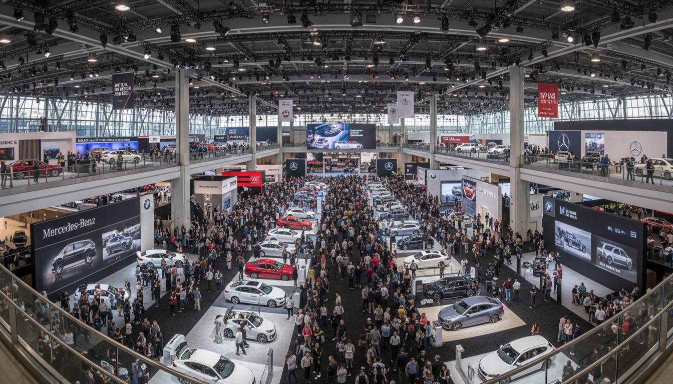 Automotive brands compete for attention across multiple floors of the Jacob Javits Convention Center during the New York International Auto Show