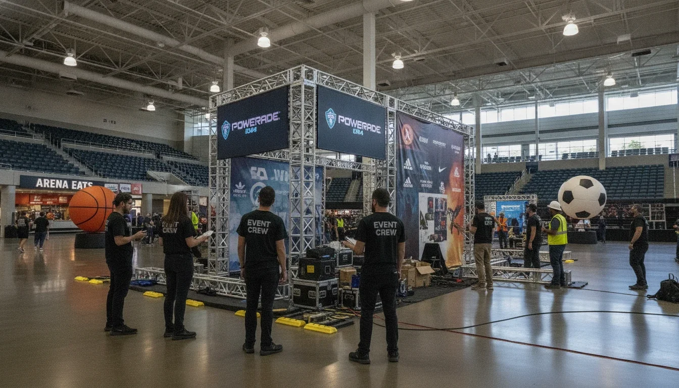 Event production assistants coordinating setup of a branded activation display inside a sports venue concourse