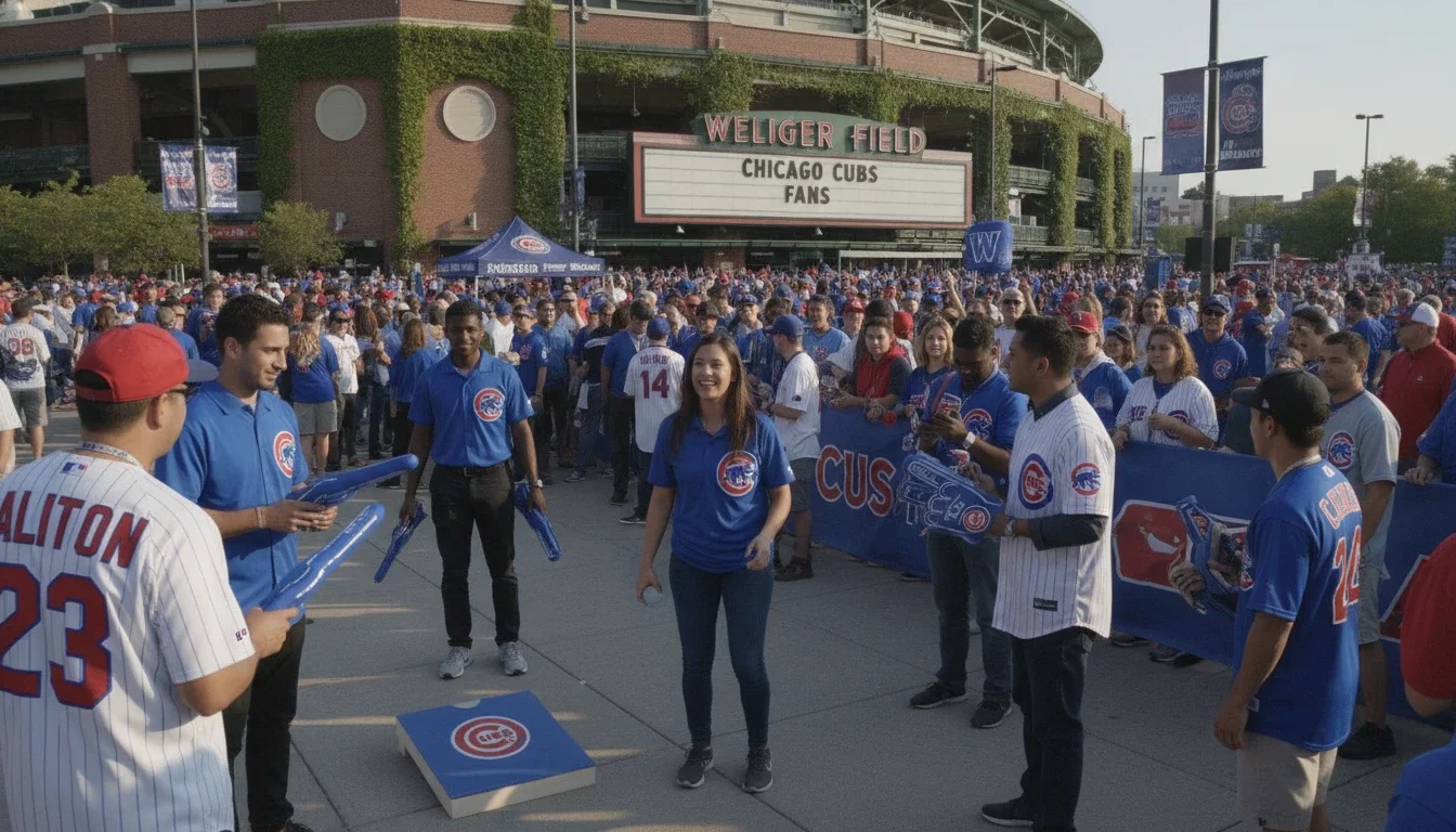 Brand ambassador staff engaging Cubs fans outside Wrigley Field on a gameday
