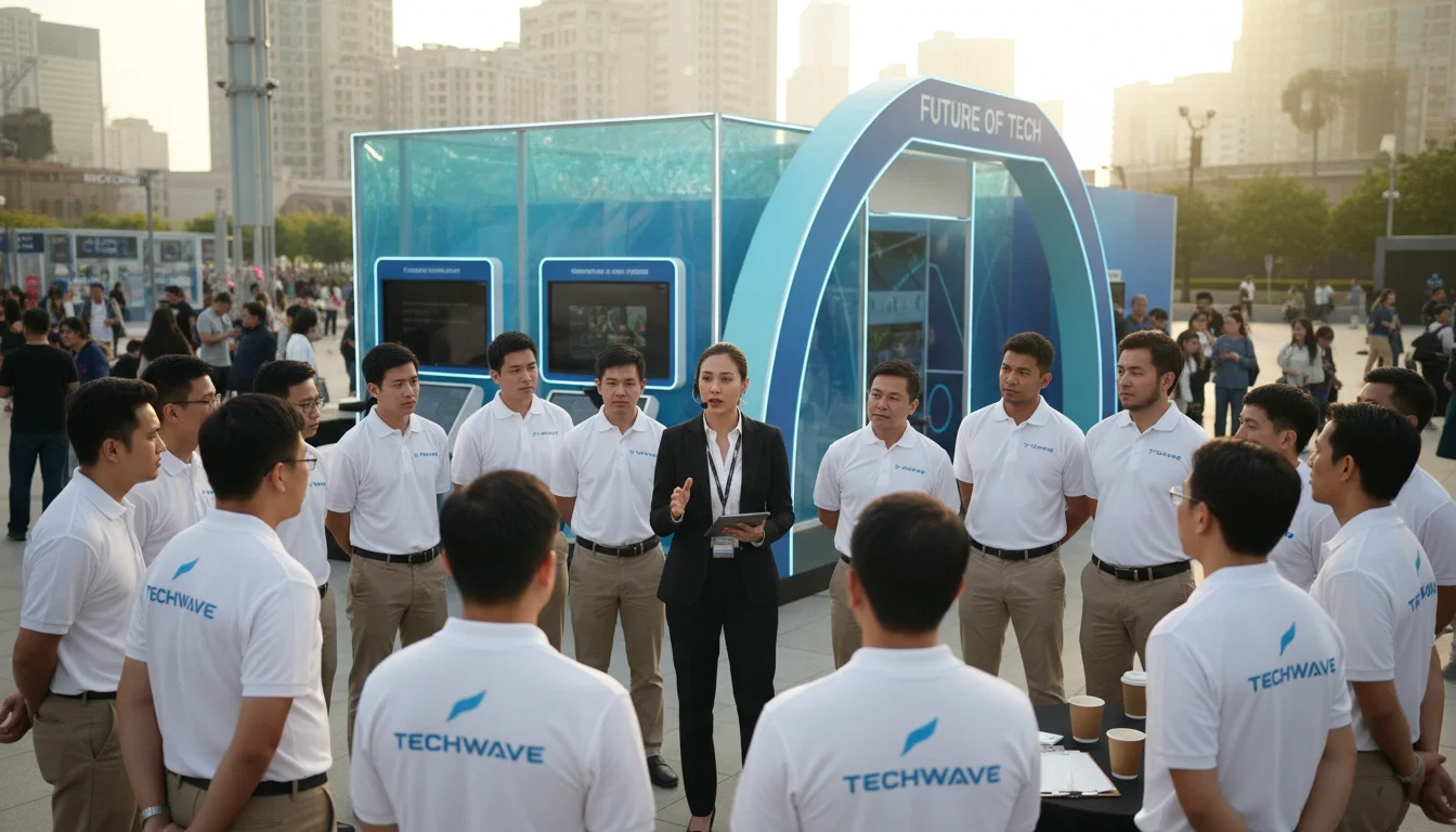Event captain conducting a staff briefing before a brand activation